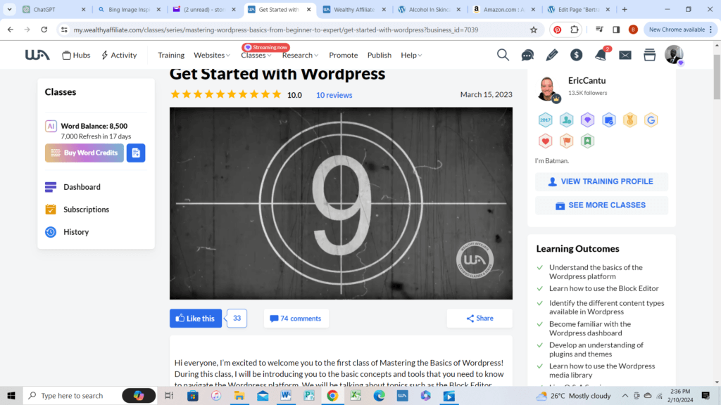 vedio trainning for wordpress on Bertrand Wealthy Affiliate Review